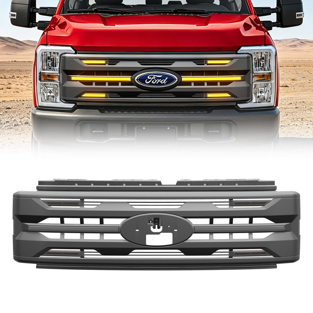 LED Armor Grille w/ DRL, Amber Lights & OEM Emblem Hole - Matte Black For 2023-2027 Ford F-250 / F-350 Super Duty XL / XLT| Amoffroad