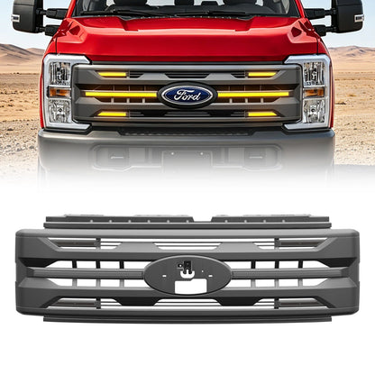 LED Armor Grille w/ DRL, Amber Lights & OEM Emblem Hole - Matte Black For 2023-2027 Ford F-250 / F-350 Super Duty XL / XLT| Amoffroad