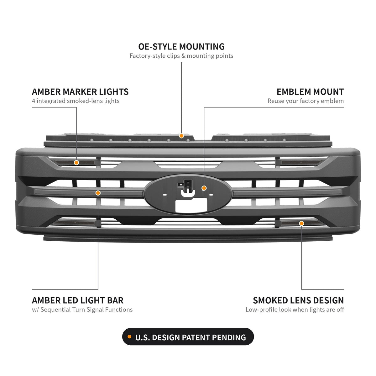 LED Armor Grille w/ DRL, Amber Lights & OEM Emblem Hole - Matte Black For 2023-2027 Ford F-250 / F-350 Super Duty XL / XLT| Amoffroad