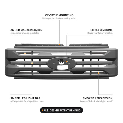 LED Armor Grille w/ DRL, Amber Lights & OEM Emblem Hole - Matte Black For 2023-2027 Ford F-250 / F-350 Super Duty XL / XLT| Amoffroad