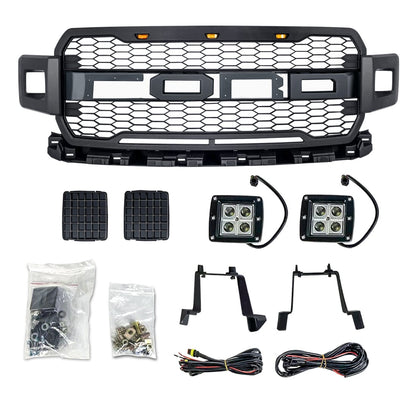 Raptor Style Honeycomb Grill W/ Amber LED & FR for 18-20 Ford F150 | Amoffroad