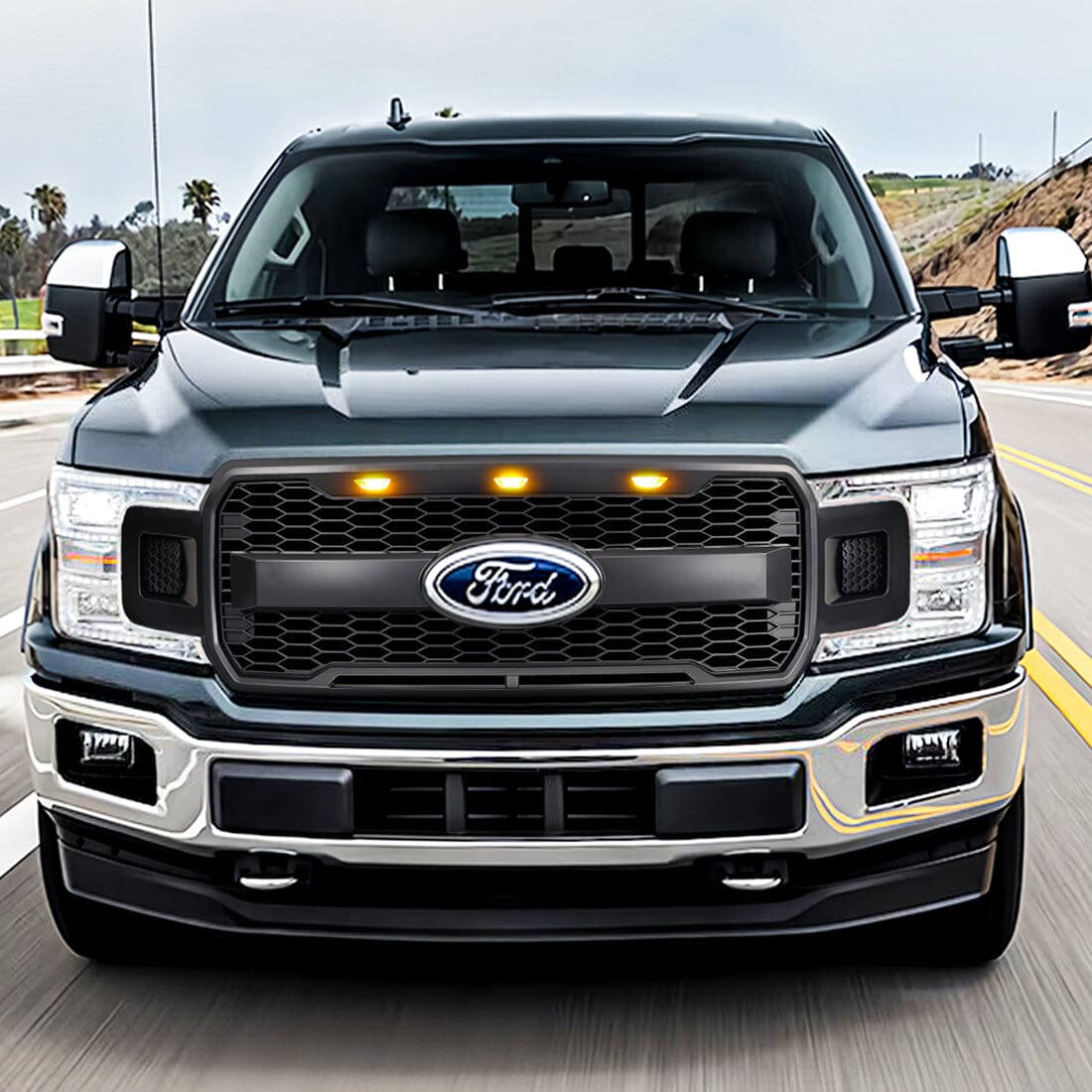 Raptor Style Mesh Grille W/ Amber Lights & Emblem Base For 2018-2020 Ford F150|Amoffroad