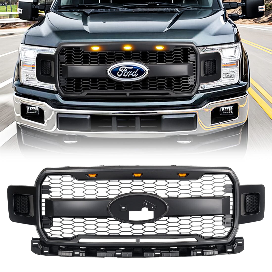 Raptor Style Mesh Grille W/ Amber Lights & Emblem Base For 2018-2020 Ford F150|Amoffroad