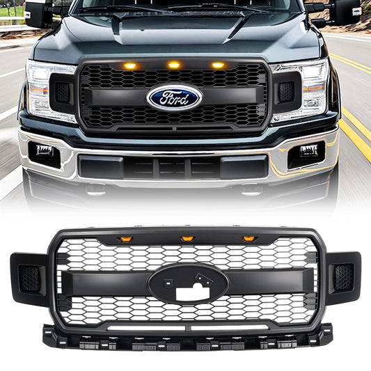 Raptor Style Mesh Grille W/ Amber Lights & Emblem Base For 2018-2020 Ford F150|Amoffroad