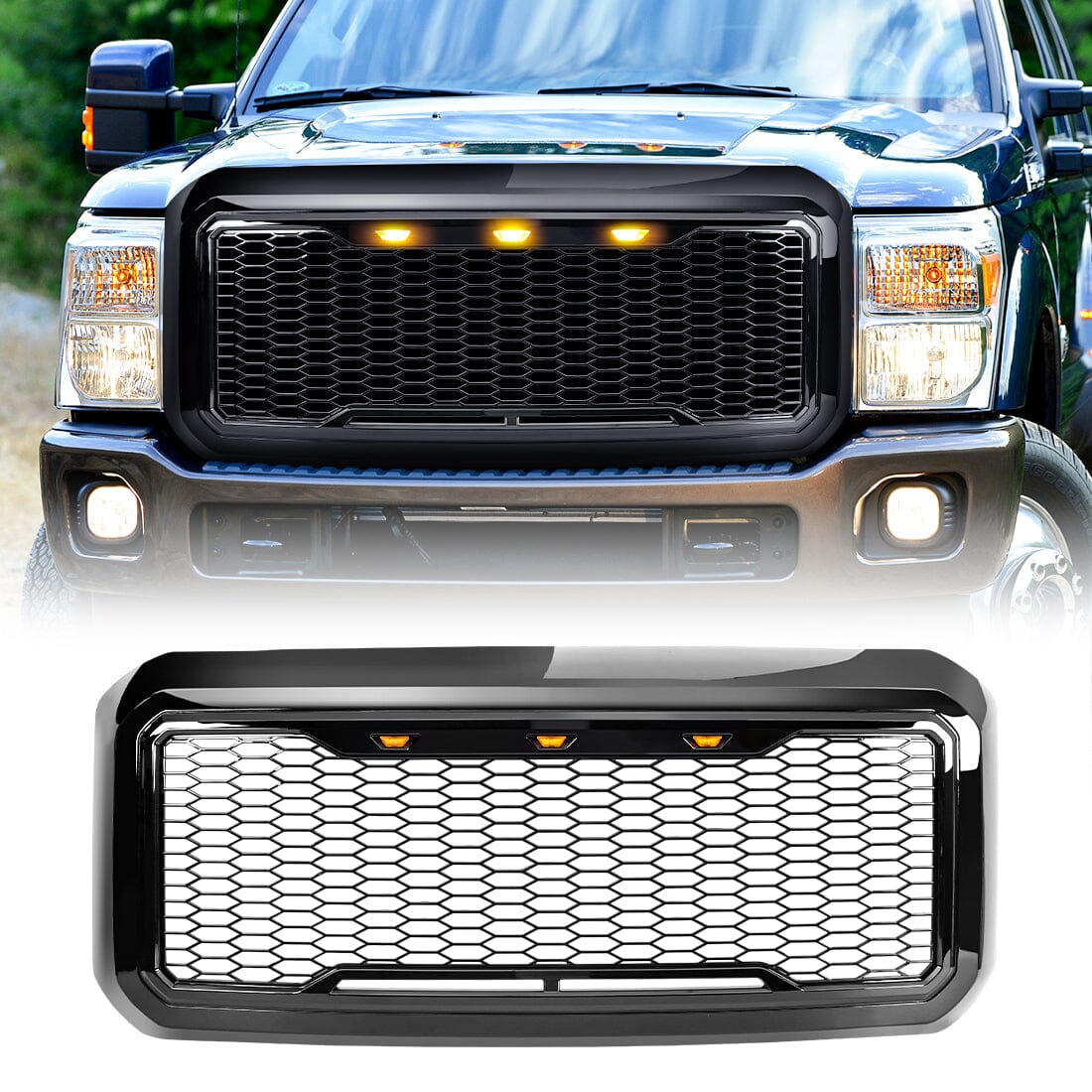 Raptor Style Mesh Grille W/ Amber Lights - Glossy Black For 2011-2016 Ford F250/350/450/550 Super Duty| Amoffroad