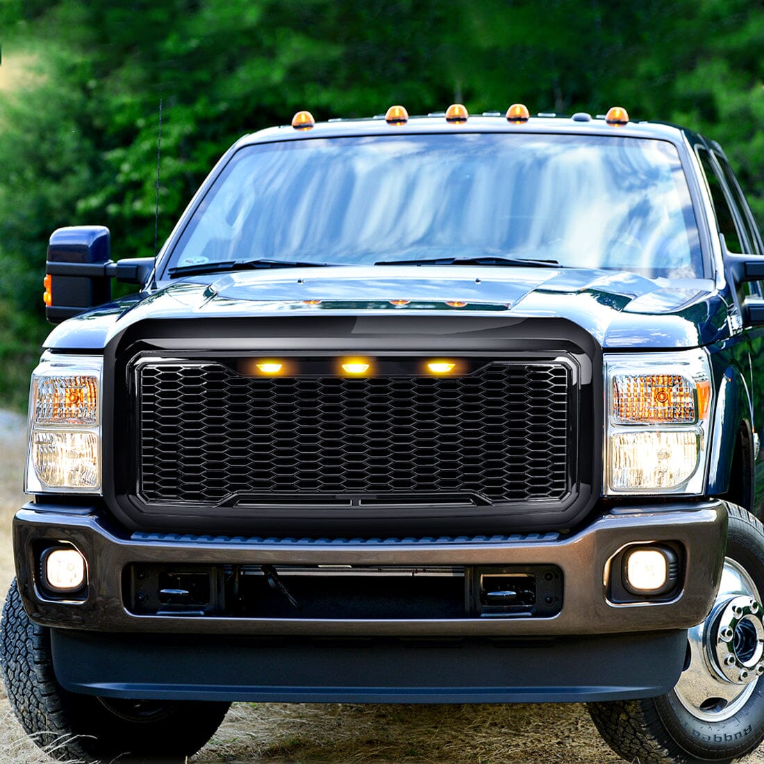 Raptor Style Mesh Grille W/ Amber Lights - Glossy Black For 2011-2016 Ford F250/350/450/550 Super Duty| Amoffroad