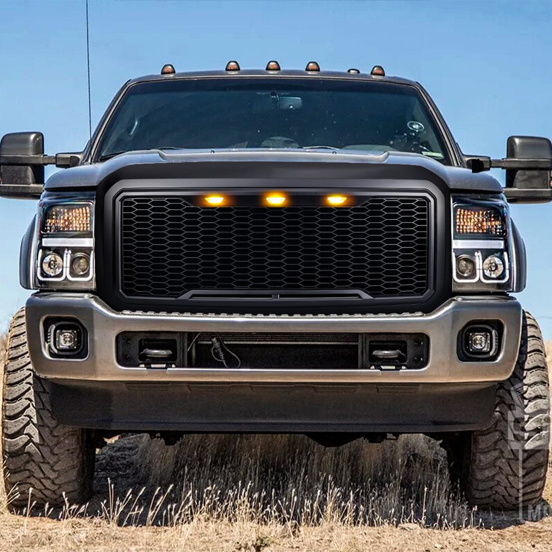 Raptor Style Mesh Grille W/ Amber Lights - Matte Black For 2011-2016 Ford F250/350/450/550 Super Duty|Amoffroad