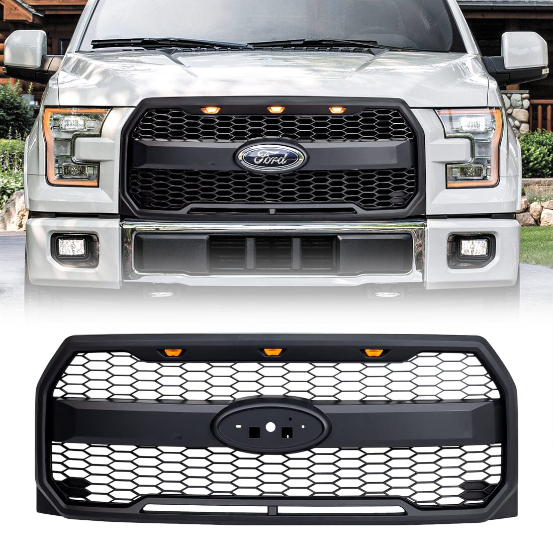 Raptor Style Mesh Grille W/Amber Lights & Labeled bracket For 2015-2017 Ford F150 | Amoffroad