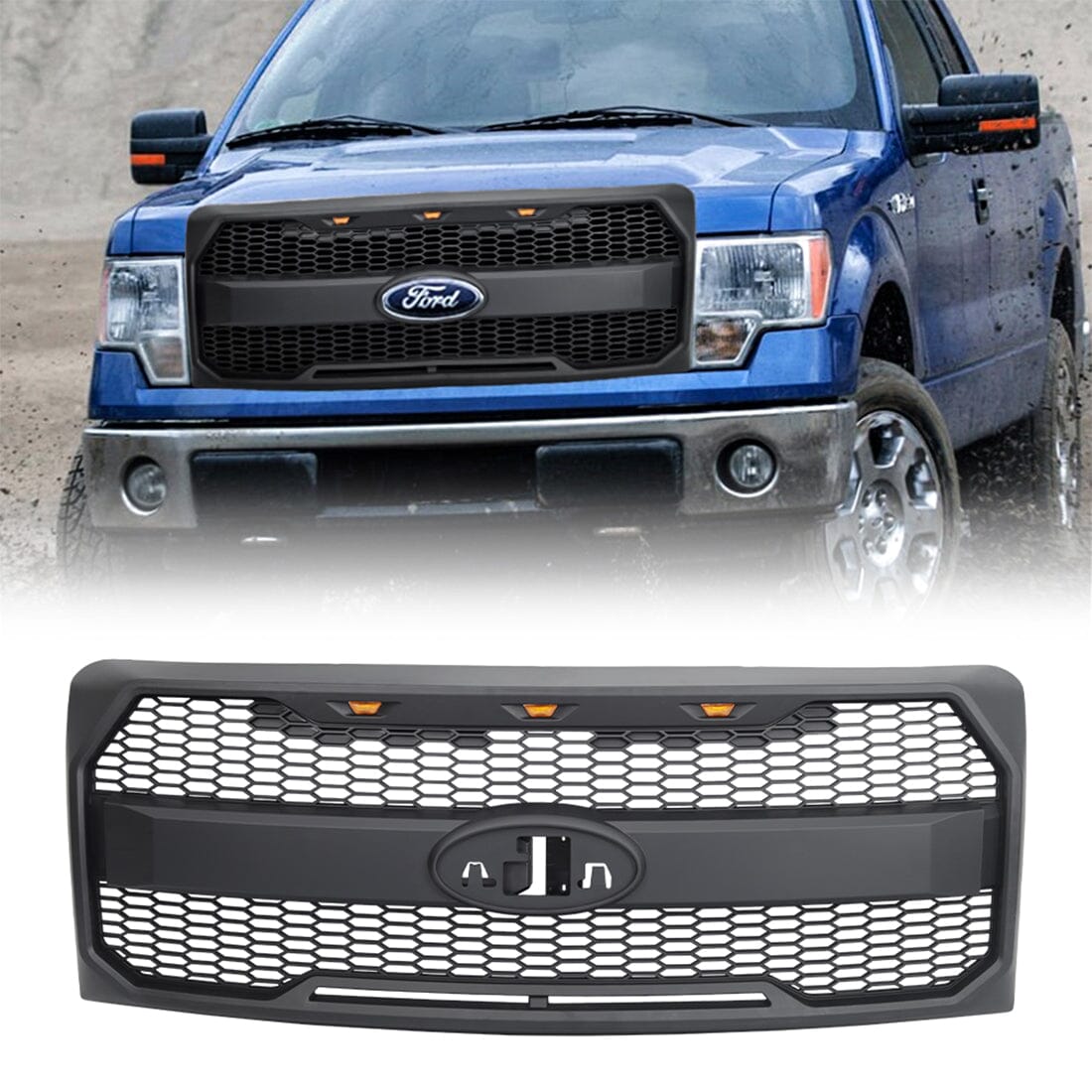 Raptor Style Mesh Grille W/Amber Lights Emblem Brackets For 2009-2014 ...