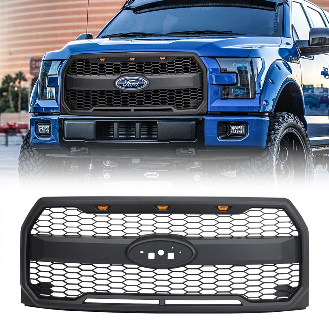 Raptor Style Mesh Grille W/Amber Lights & Labeled bracket For 2015-2017 Ford F150 | Amoffroad