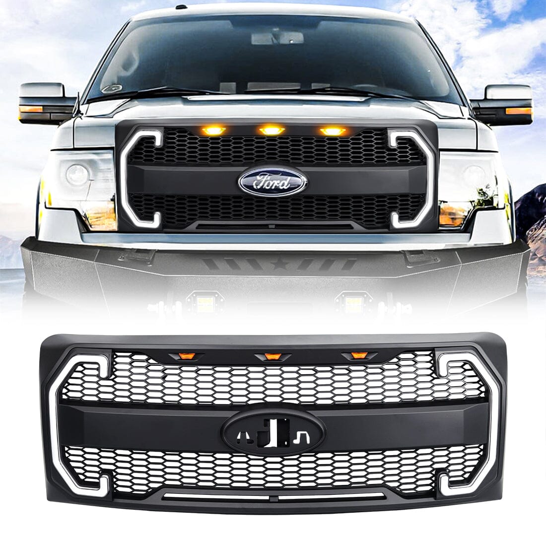 Raptor Style Mesh Grille W/Drl & Turn Signal Lights Emblem Base For 2009-2014 Ford F150|Amoffroad