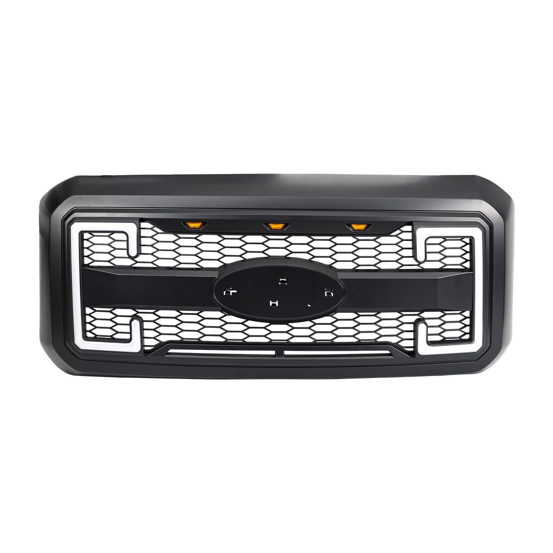 Raptor Style Mesh Grille W/DRL & Turn Signal Lights Emblem Base - Matte Black For 2011-2016 Ford F250/350/450/550 Super Duty | Amoffroad