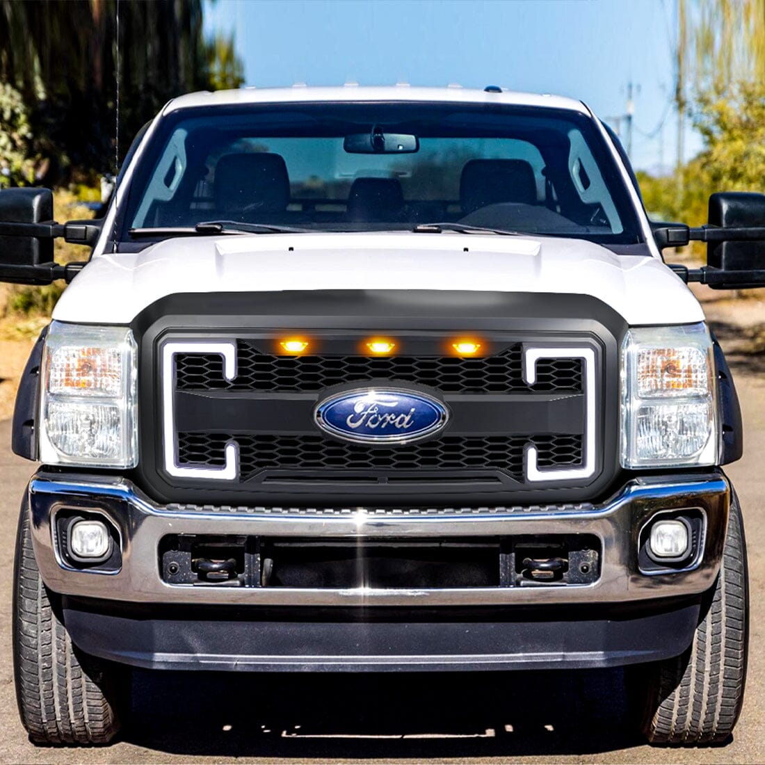 Raptor Style Mesh Grille W/DRL & Turn Signal Lights Emblem Base - Matte Black For 2011-2016 Ford F250/350/450/550 Super Duty | Amoffroad