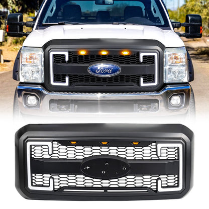 Raptor Style Mesh Grille W/DRL & Turn Signal Lights Emblem Base - Matte Black For 2011-2016 Ford F250/350/450/550 Super Duty | Amoffroad