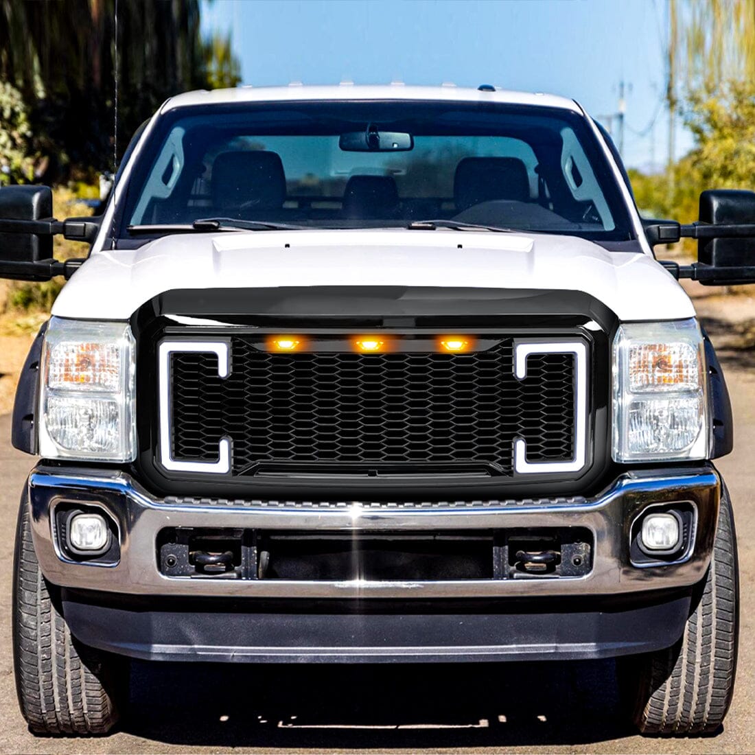 Raptor Style Mesh Grille W/DRL & Turn Signal Lights - Glossy Black for 2011-2016 Ford F250/350/450/550 Super Duty|Amoffroad