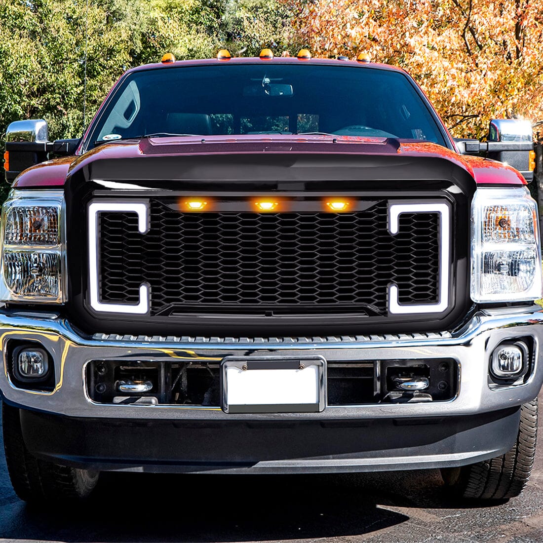 Raptor Style Mesh Grille W/DRL & Turn Signal Lights - Glossy Black for 2011-2016 Ford F250/350/450/550 Super Duty|Amoffroad