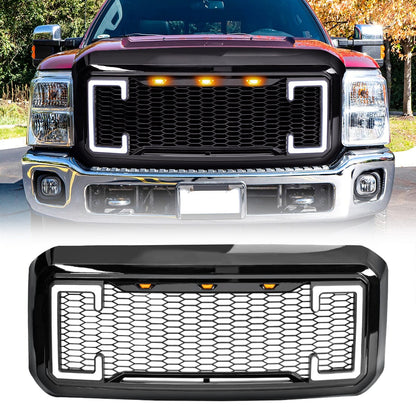 Raptor Style Mesh Grille W/DRL & Turn Signal Lights - Glossy Black for 2011-2016 Ford F250/350/450/550 Super Duty|Amoffroad