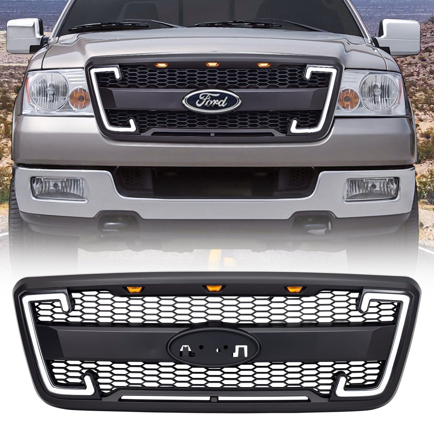 Raptor Style Mesh Grille W/Drl & Turn Signal Lights Labeled bracket For 2004-2008 Ford F150| Amoffroad