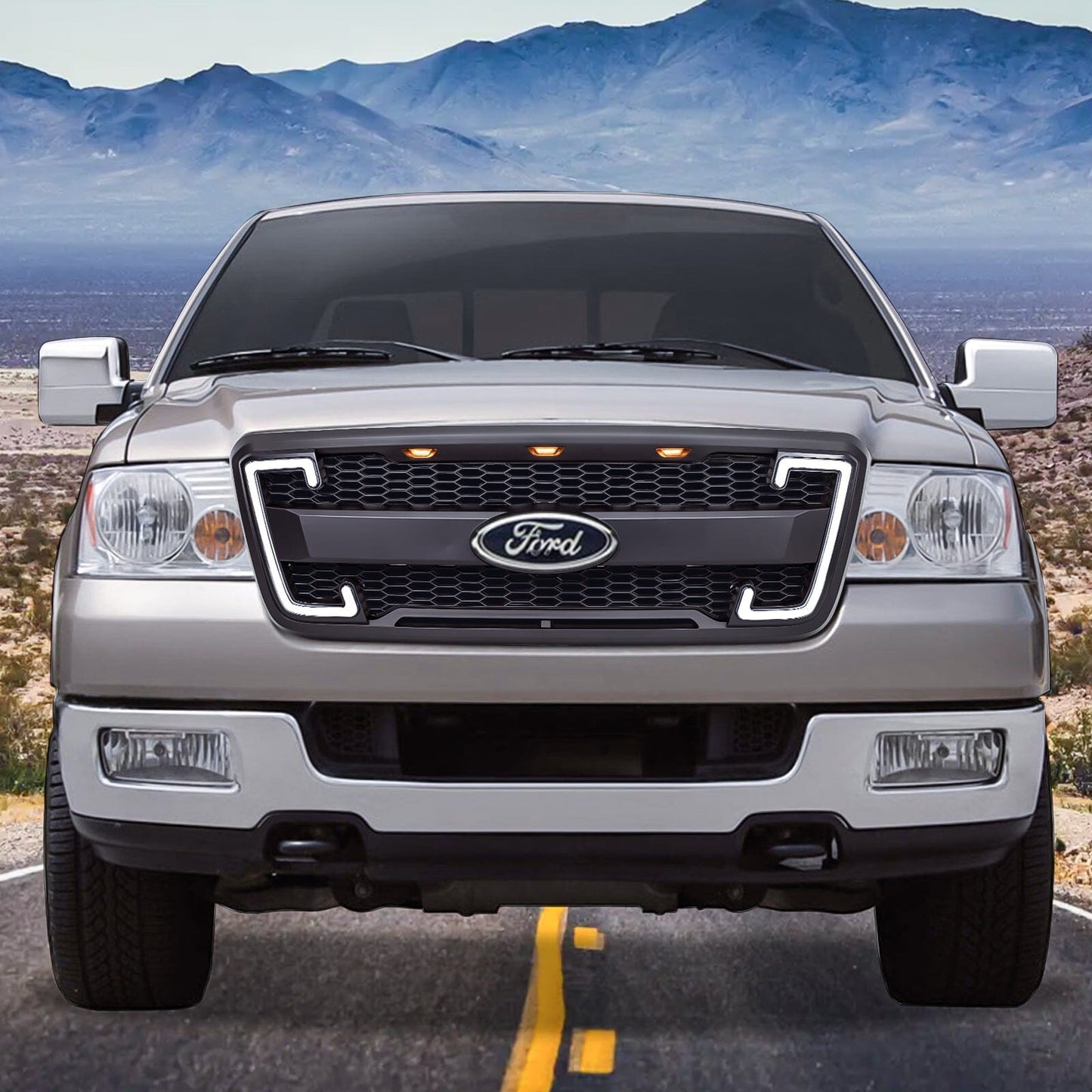 Raptor Style Mesh Grille W/Drl & Turn Signal Lights Labeled bracket For 2004-2008 Ford F150| Amoffroad