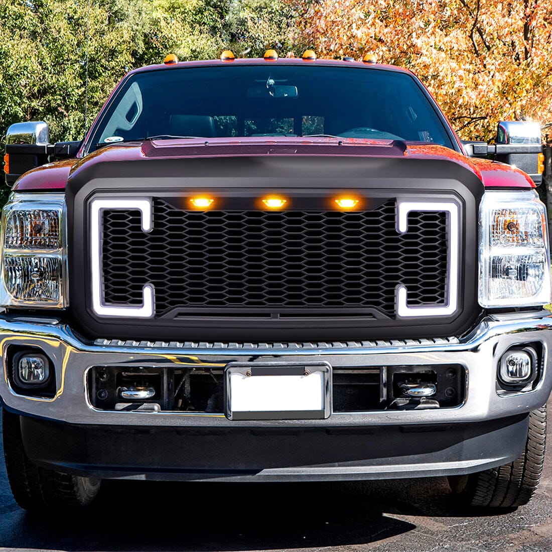 Raptor Style Mesh Grille W/DRL & Turn Signal Lights - Matte Black For 2011-2016 Ford F250/350/450/550 Super Duty | Amoffroad