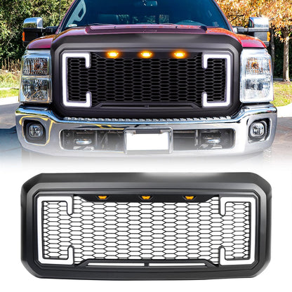 Raptor Style Mesh Grille W/DRL & Turn Signal Lights - Matte Black For 2011-2016 Ford F250/350/450/550 Super Duty | Amoffroad