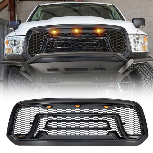 Rebel Style Front Grille W/Amber Led Lights-Glossy Black For 2013-2018 Dodge Ram 1500| Amoffroad