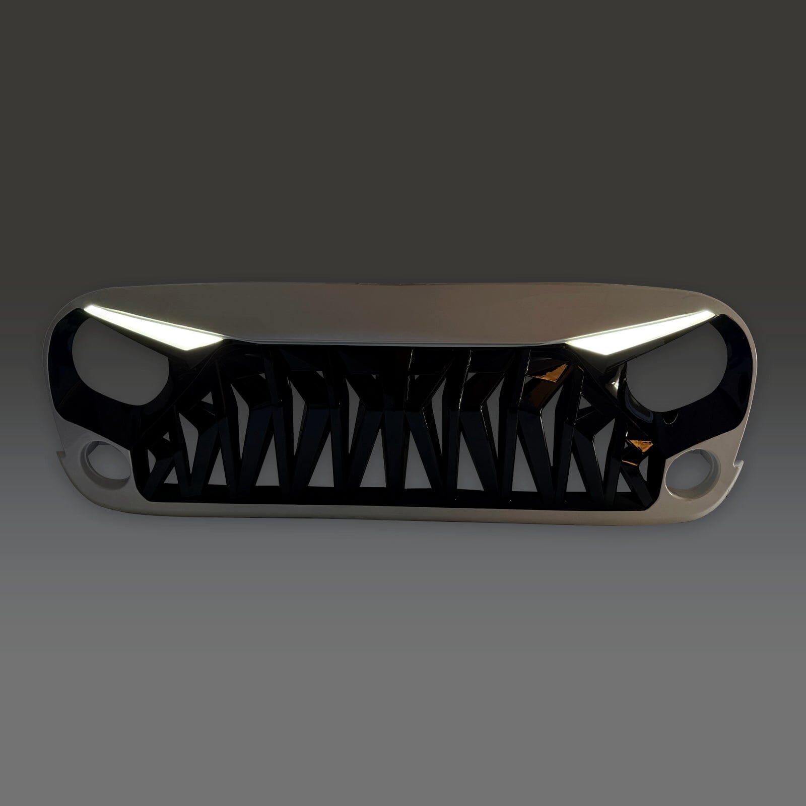 Shark Grille W/ LED Eyebrow DRL and Turn Signals - White & Black For 07-18 Jeep Wrangler JK | Amoffroad