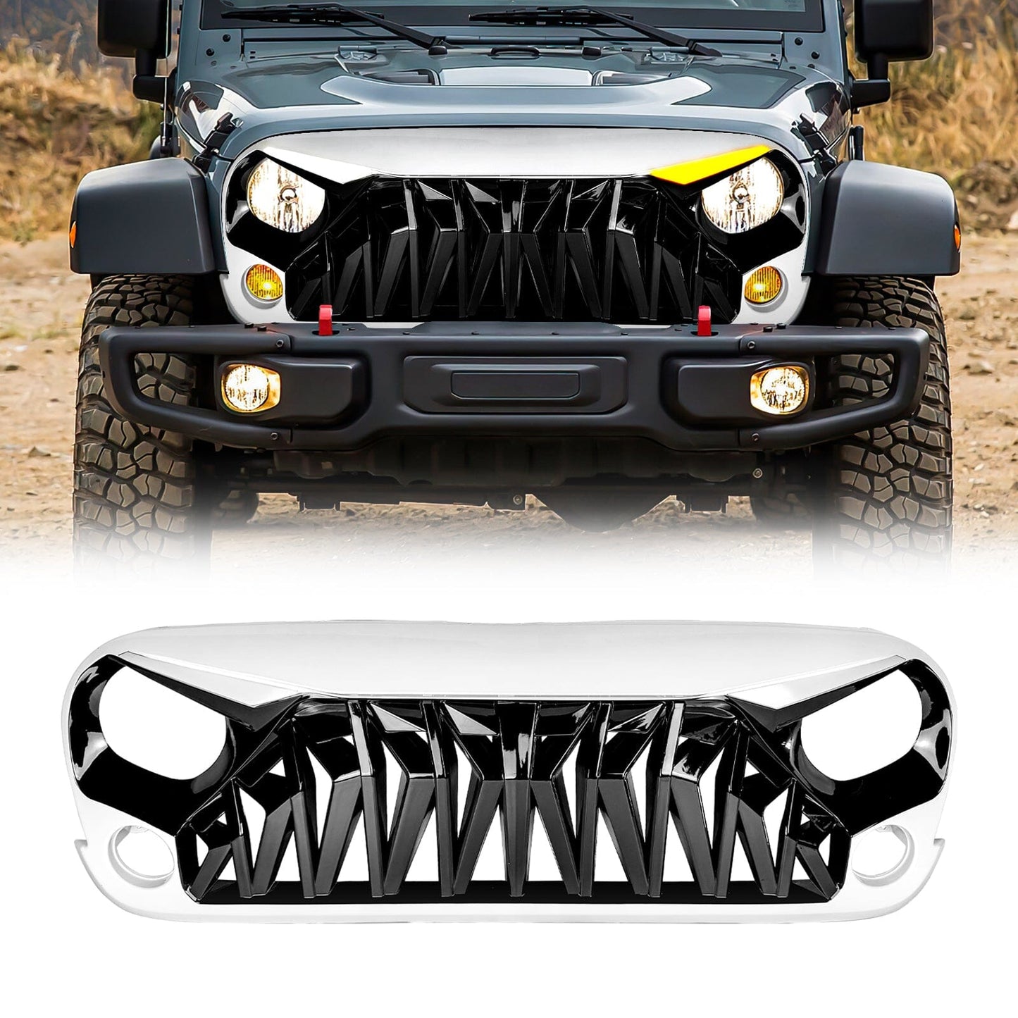 Shark Grille W/ LED Eyebrow DRL and Turn Signals - White & Black For 07-18 Jeep Wrangler JK | Amoffroad