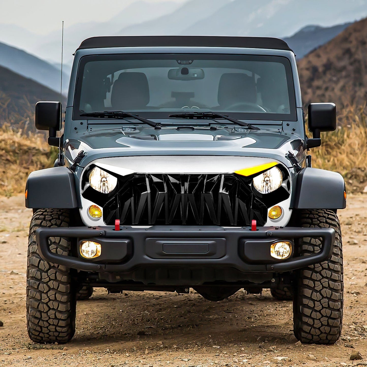 Shark Grille W/ LED Eyebrow DRL and Turn Signals - White & Black For 07-18 Jeep Wrangler JK | Amoffroad