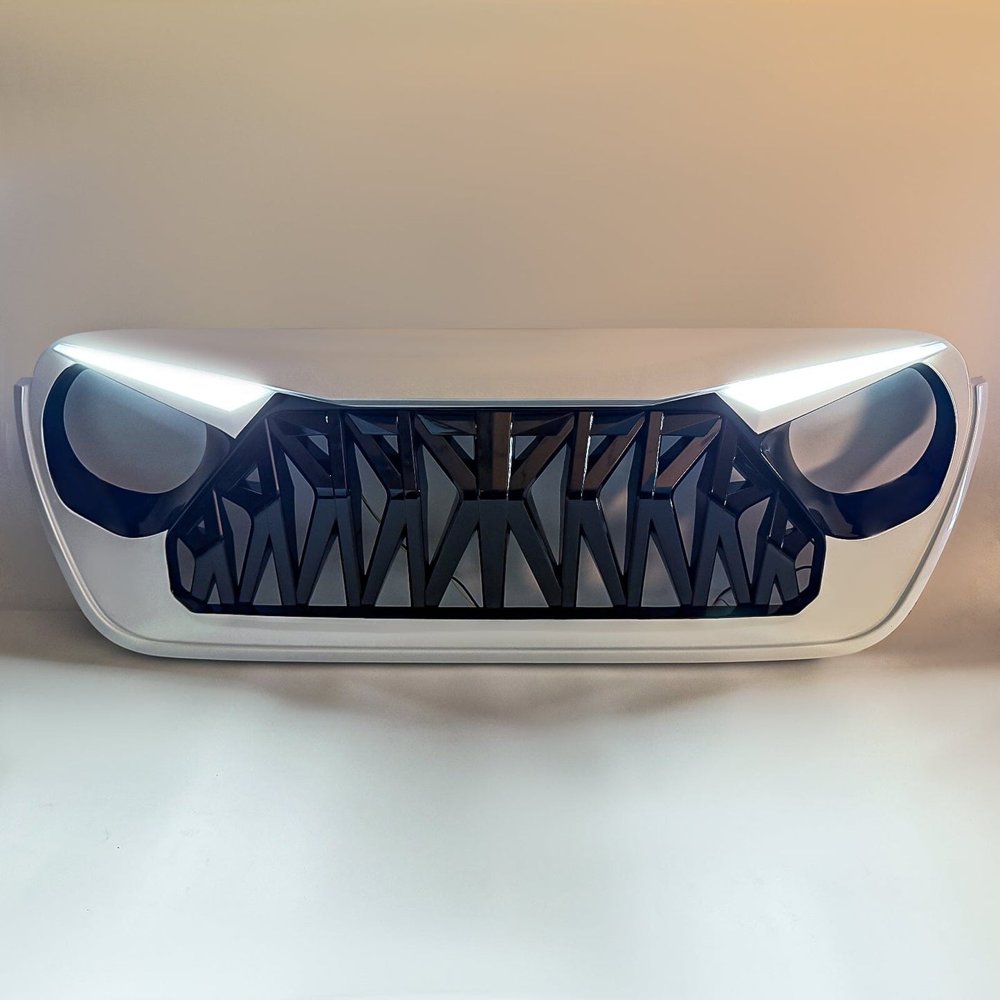 Shark Grille W/ LED Eyebrow DRL and Turn Signals - White & Black For 18+ Jeep Wrangler JL & Gladiator JT | Amoffroad