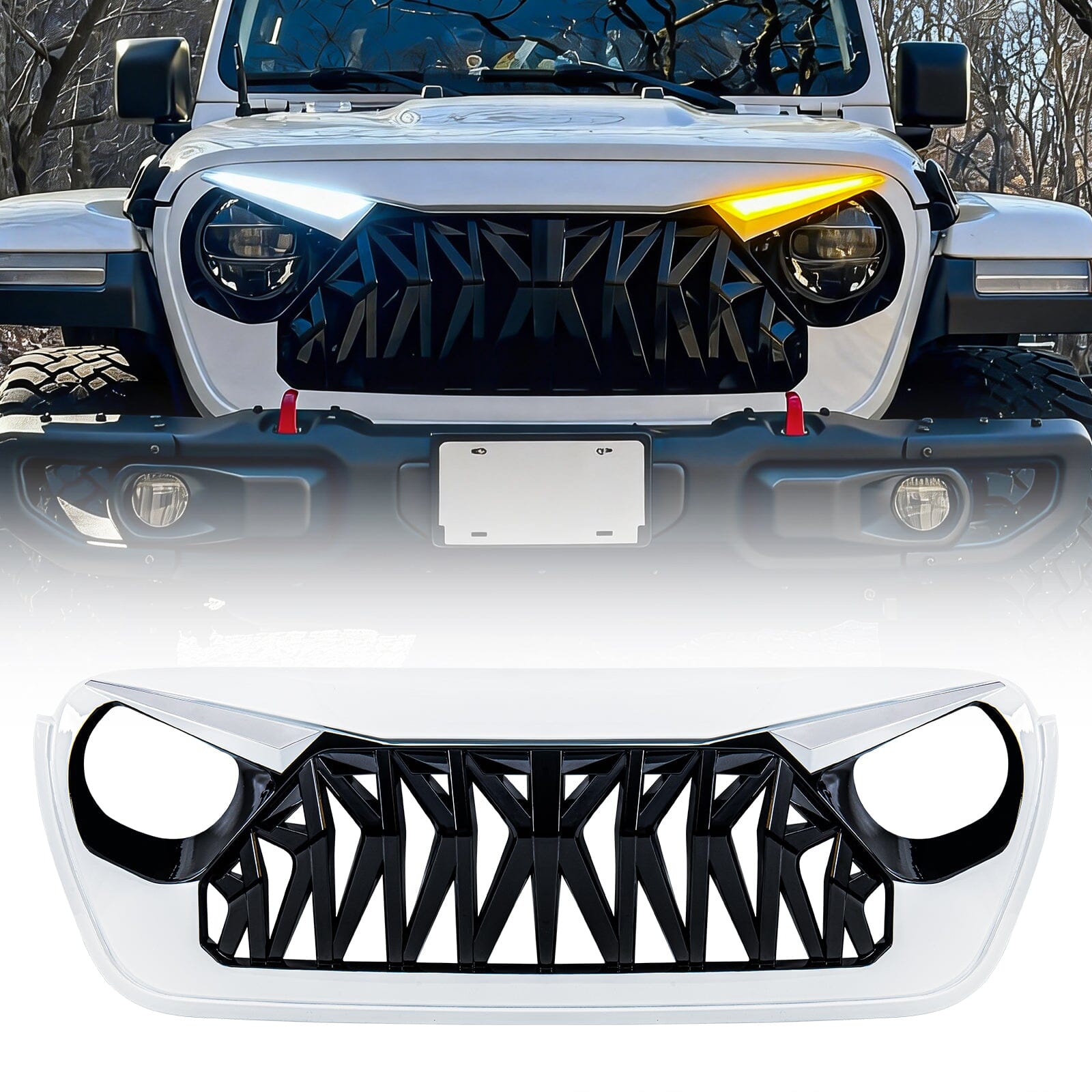 Shark Grille W/ LED Eyebrow DRL and Turn Signals - White & Black For 18+ Jeep Wrangler JL & Gladiator JT | Amoffroad