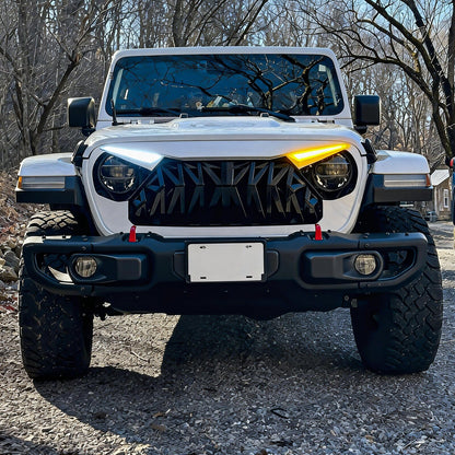 Shark Grille W/ LED Eyebrow DRL and Turn Signals - White & Black For 18+ Jeep Wrangler JL & Gladiator JT | Amoffroad