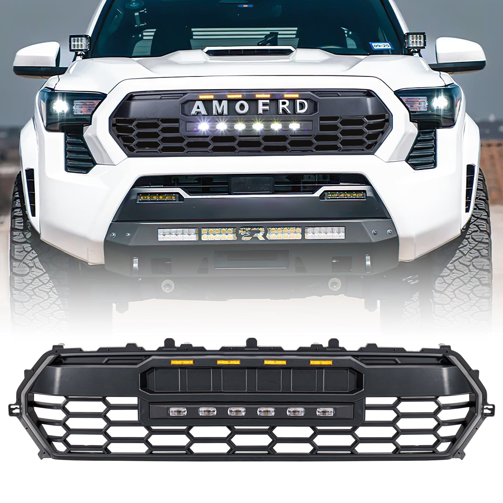 TRD PRO Style Front Grille w/ LED Off-Road Lights, Amber Lights and DIY Letters for 2024+ Toyota Tacoma- Matte Black | Amoffroad