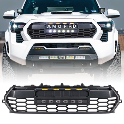 TRD PRO Style Front Grille w/ LED Off-Road Lights, Amber Lights and DIY Letters for 2024+ Toyota Tacoma- Matte Black | Amoffroad