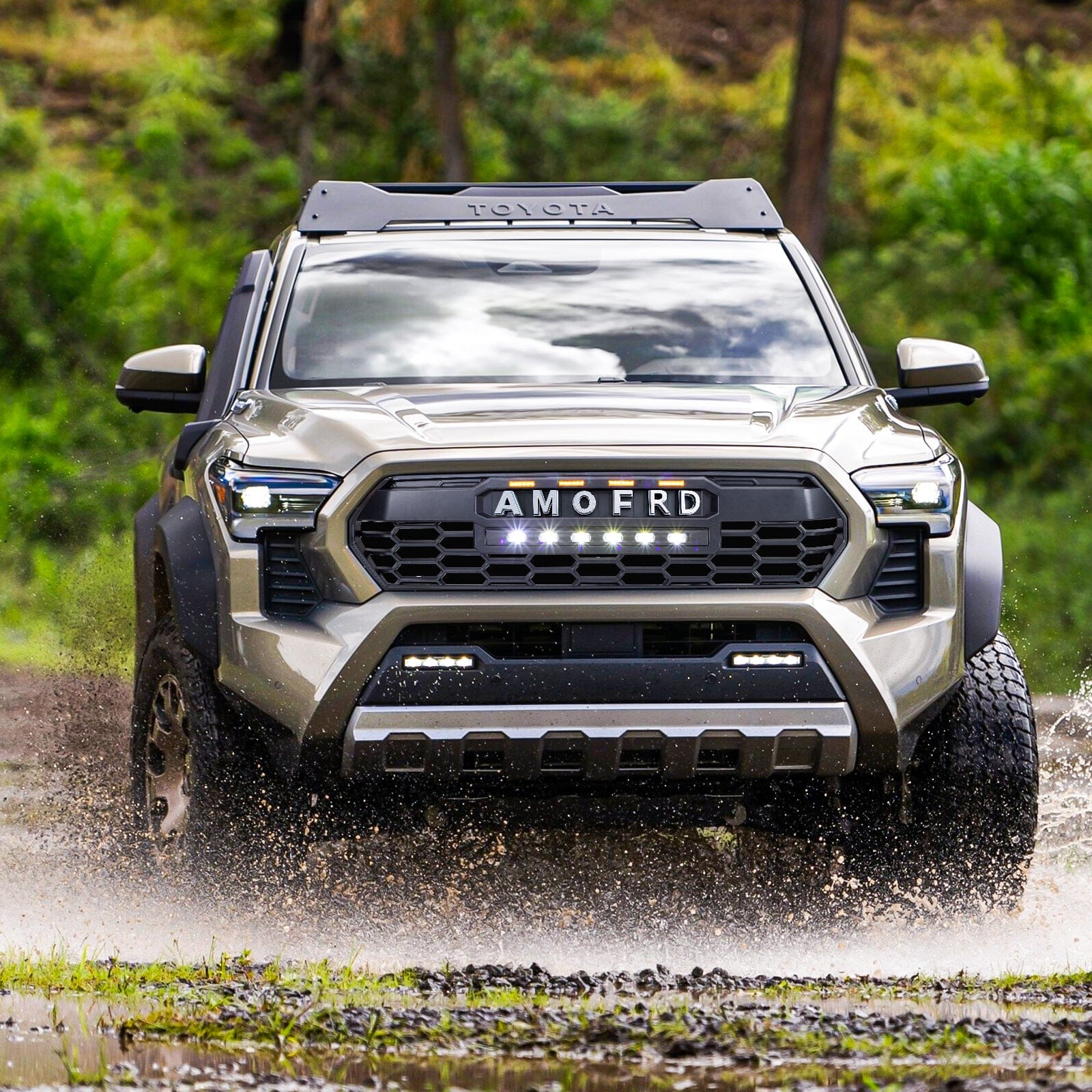 TRD PRO Style Front Grille w/ LED Off-Road Lights, Amber Lights and DIY Letters for 2024+ Toyota Tacoma- Matte Black | Amoffroad