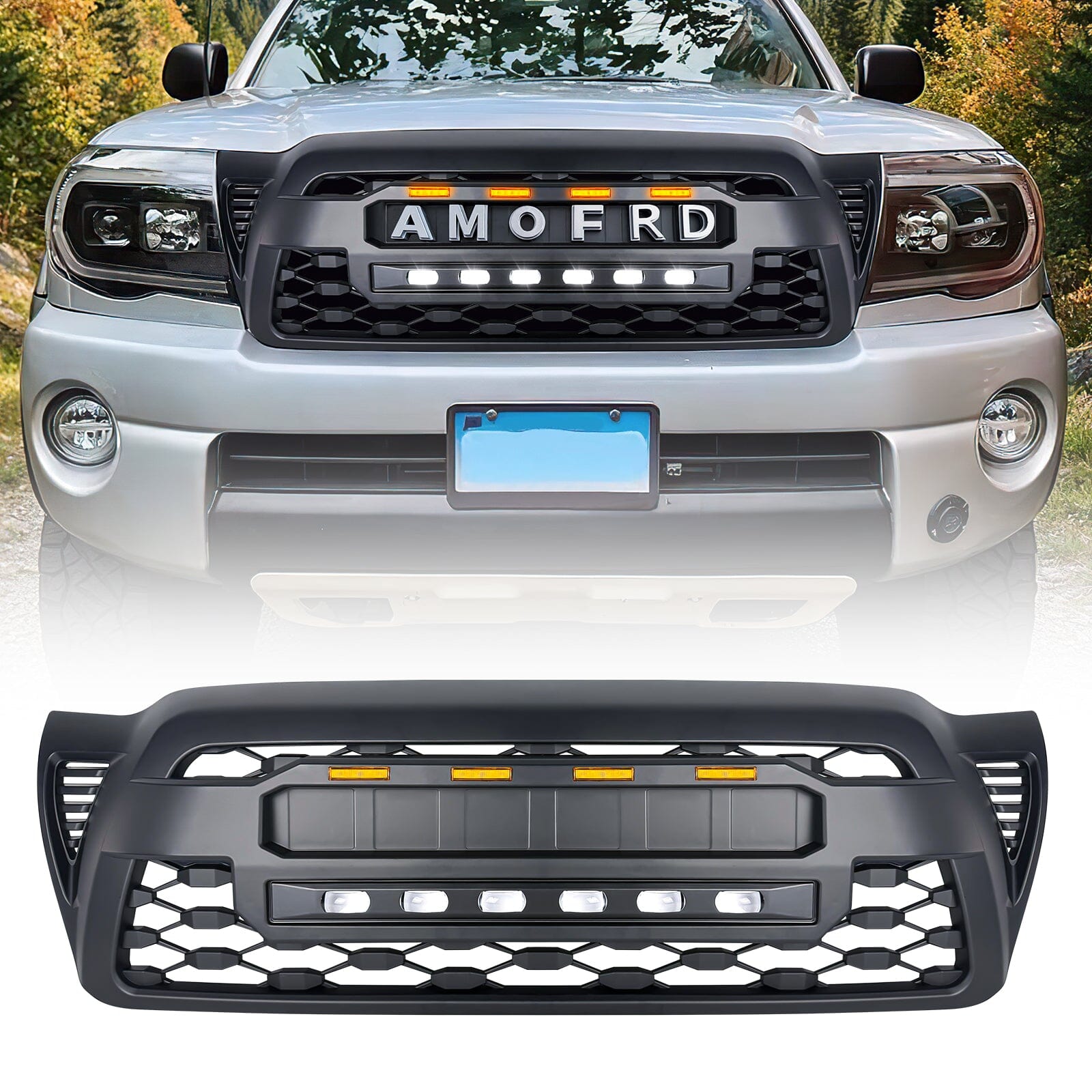 TRD PRO Style Grille w/ LED Off-Road Lights, Amber Lights and DIY Letters for 2005-2011 Toyota Tacoma- Matte Black | Amoffroad