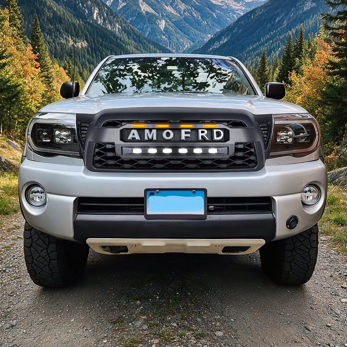 TRD PRO Style Grille w/ LED Off-Road Lights, Amber Lights and DIY Letters for 2005-2011 Toyota Tacoma- Matte Black | Amoffroad