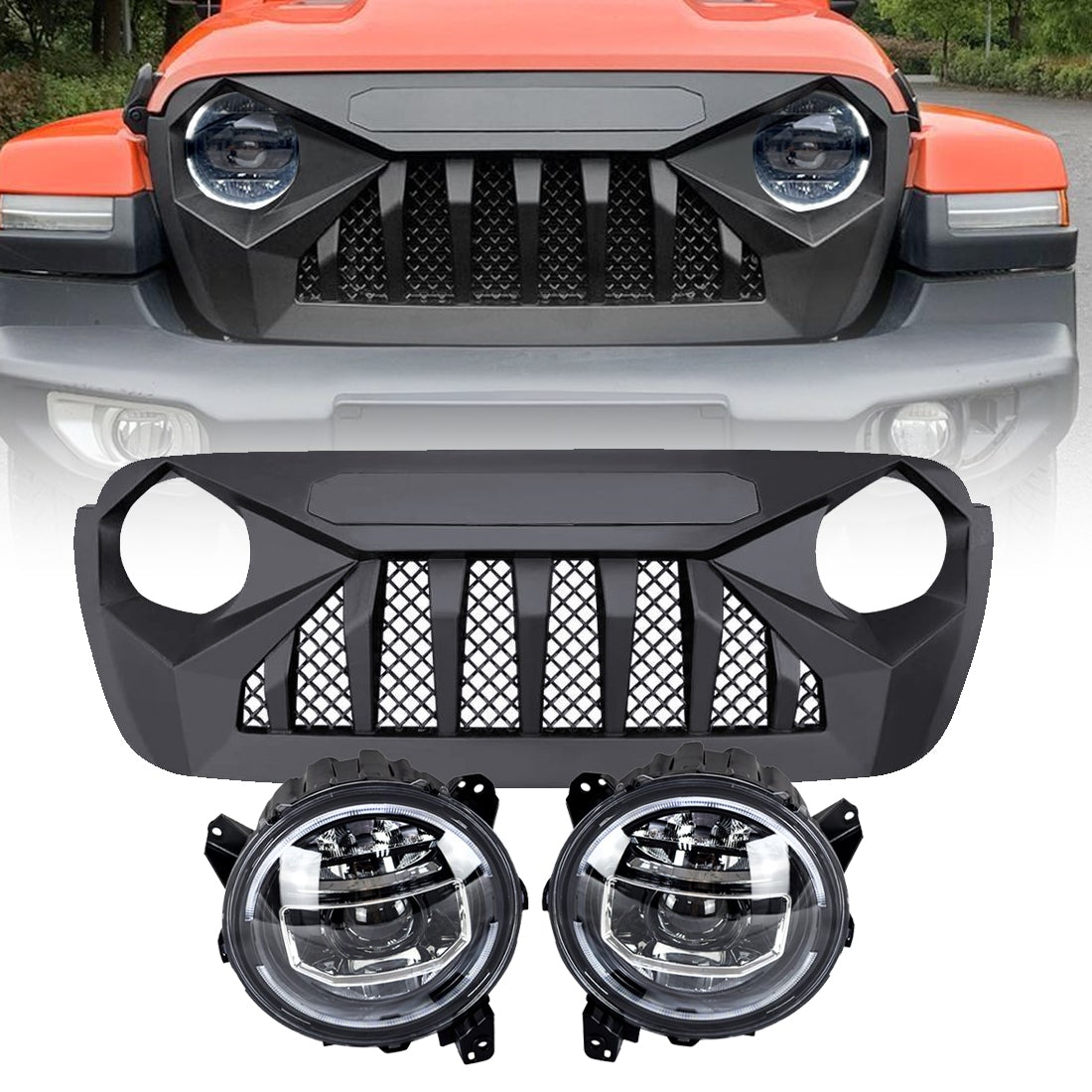 9 Inch LED Halo Headlights & Demon Grille w Mesh Combo for 18-21 Jeep Wrangler JL & Gladiator JT