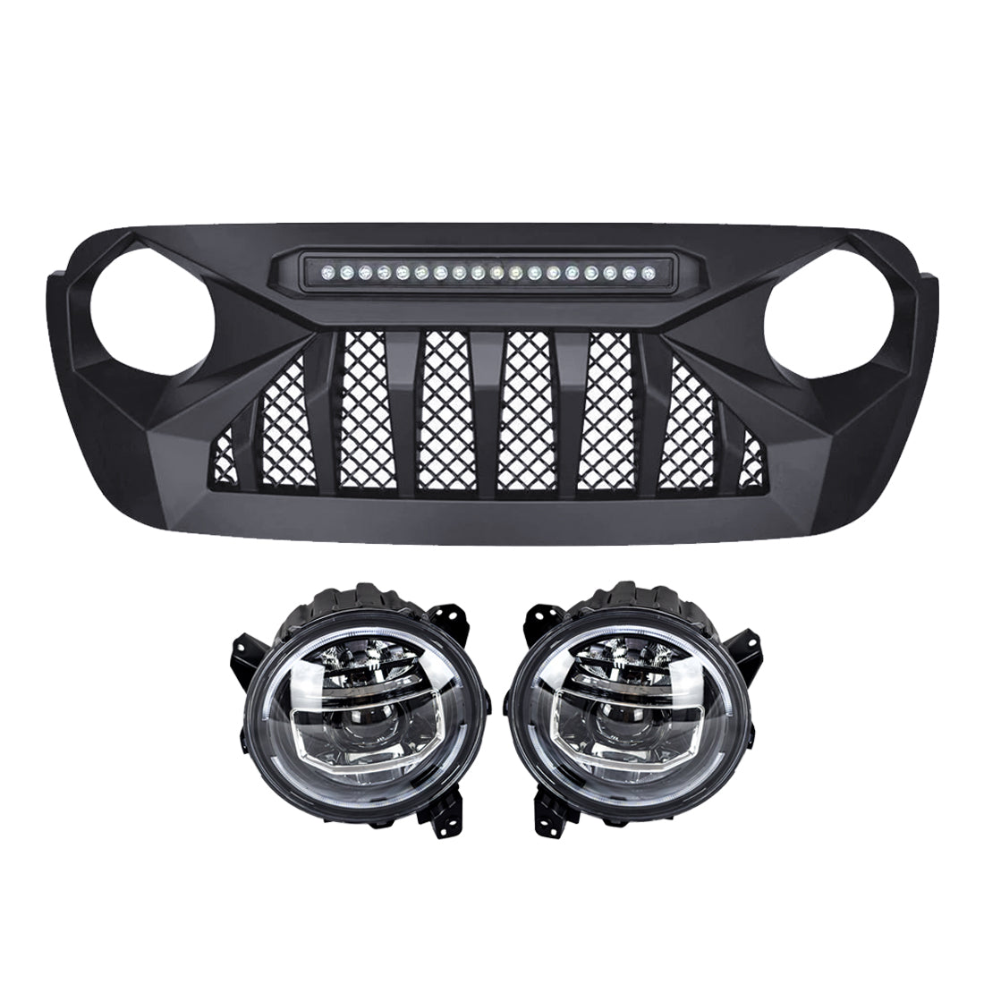 18-21 Jeep JL & JT 9 Inch LED Halo Headlights & Demon Grille  Combo  AMOFFROAD