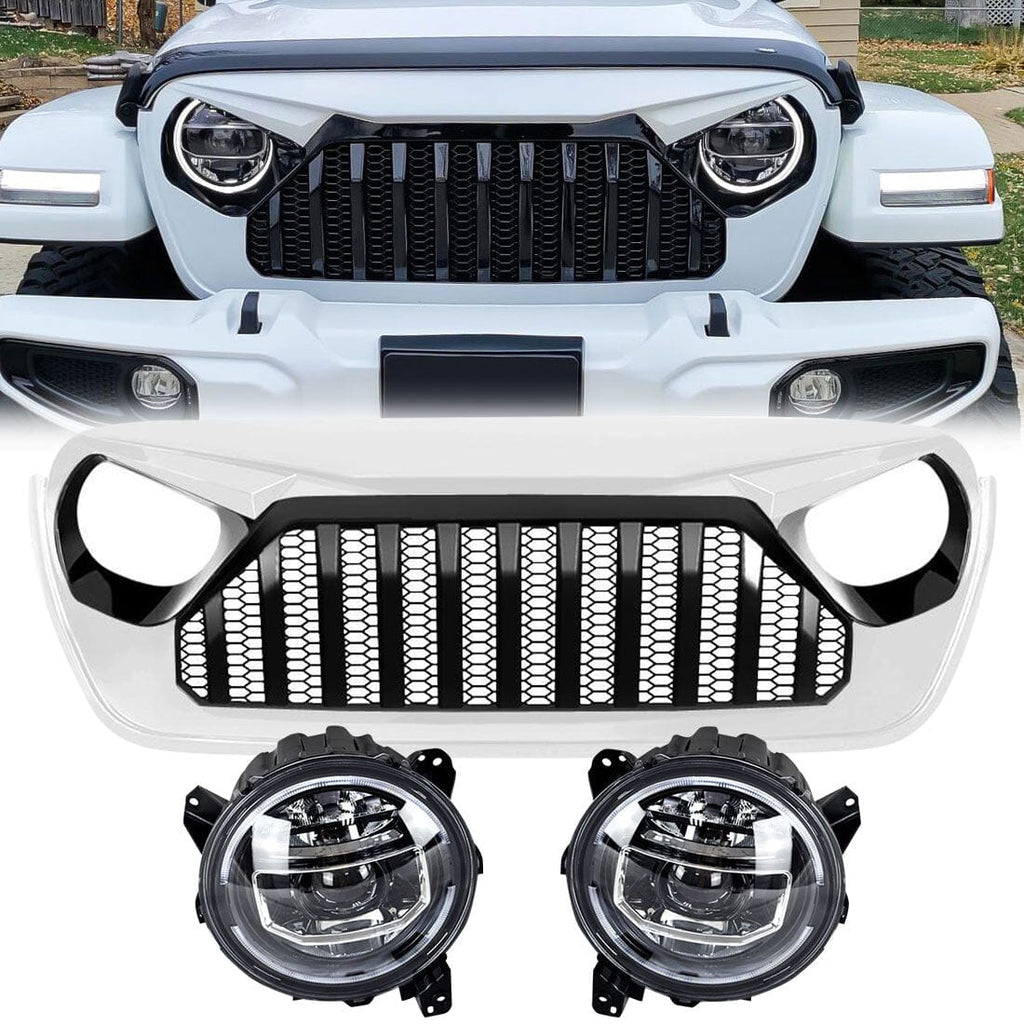 9 Inch LED Halo Headlights & Gladiator Vader Grille w/ Mesh Black & White Combo for 1823 Jeep