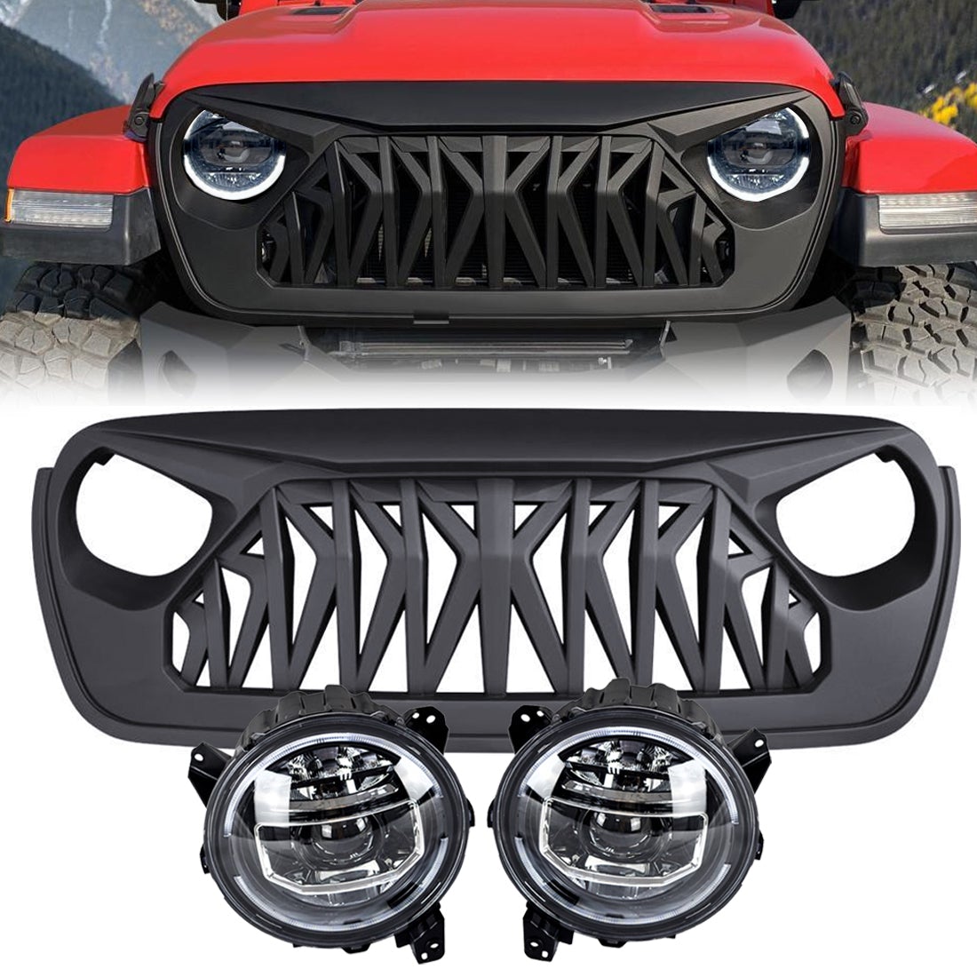 9 Inch LED Halo Headlights & Shark Grille Combo for 18+ Jeep Wrangler JL & Gladiator JT