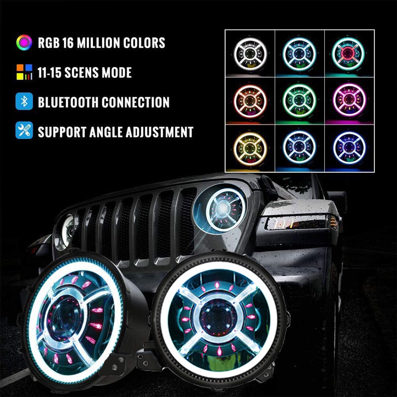 9 Inch RGB Halo LED Headlights For 18-23 Jeep Wrangler JL
