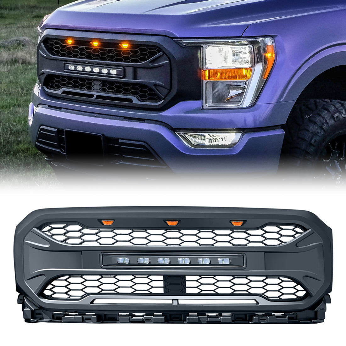21-22 Ford F150 Armor Grille w/Off-Road Lights- Matte Black | AMOFFROAD