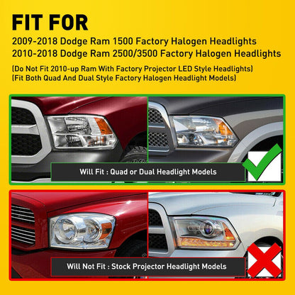 Black LED Headlights without Bulbs For 2009-2018 Dodge Ram 1500 2500 3500
