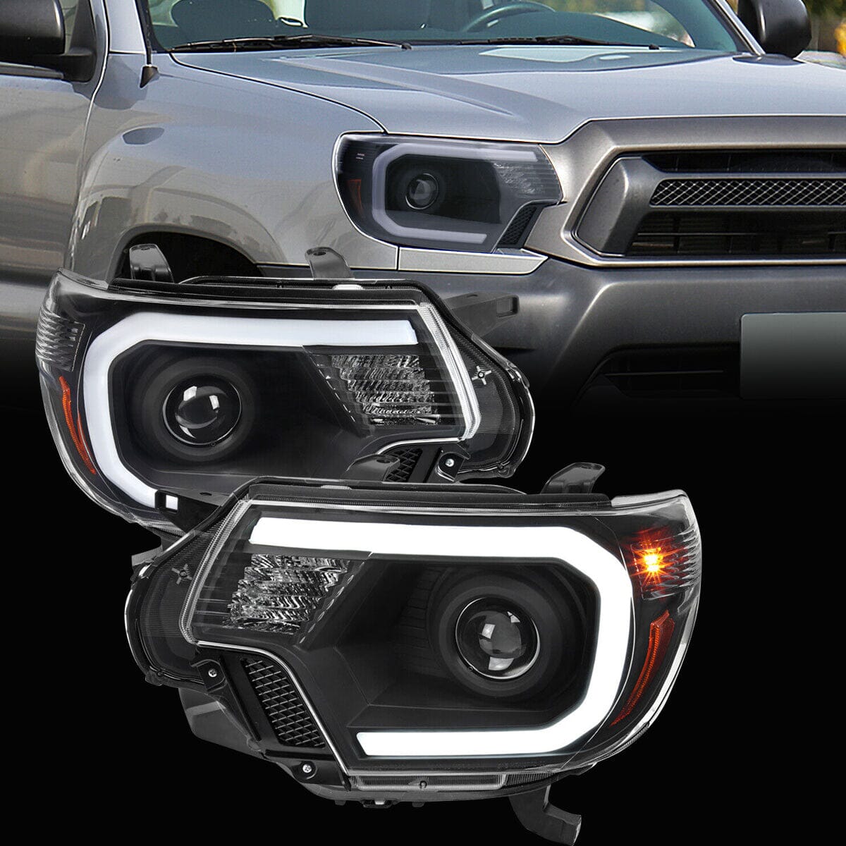  Black Projector Headlights w/ LED Strip Bar For 2012-2015 Toyota Tacoma