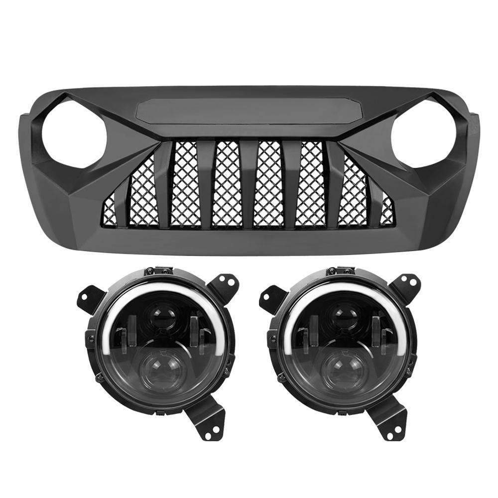 Jeep Wrangler JL Demon Grille w/ Mesh - Matte Black & Half Halo Headlights Combo