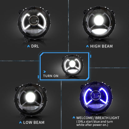 Full LED Dual Beam Projector Headlights w/Blue Breath Light For 18-23 Jeep Wrangler JL & Gladiator JT