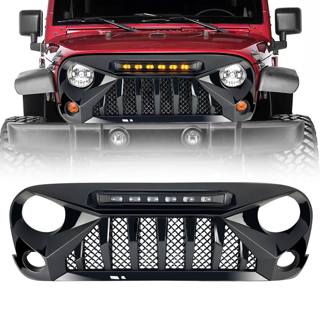 Jeep Wrangler JK Gladiator Grille w/ Amber LED Running Lights-Glossy Black | AMOffRoad 