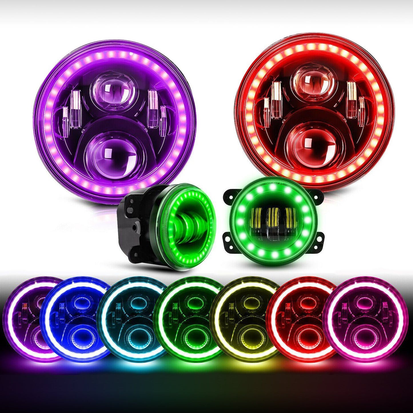 Gladiator Grille w/ LED Off-Road Lights & RGB Halo Headlights & RGB Halo Fog Lights Combo for 07-18 Wrangler JK