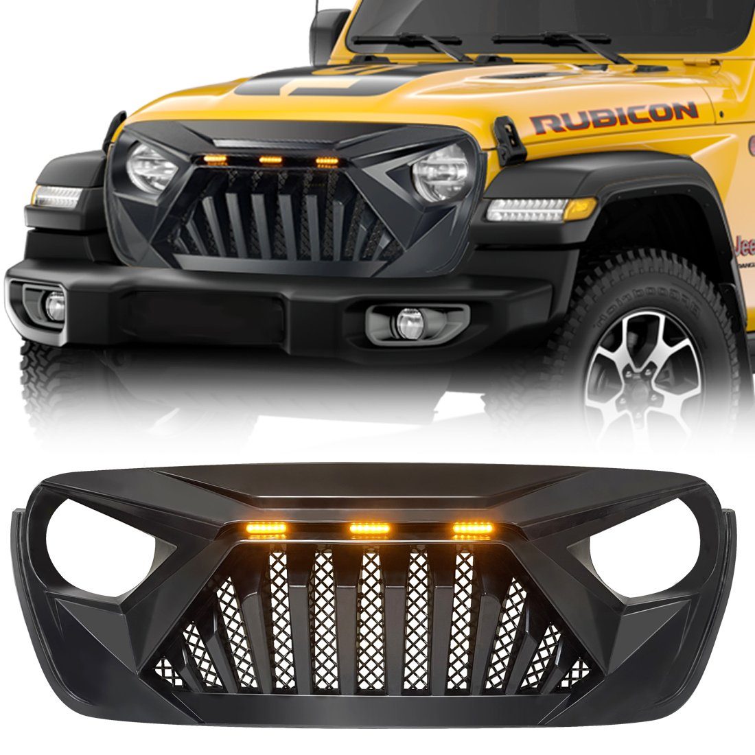 Goliath Grille w/ Amber LED Running Lights for 18-21 Jeep Wrangler JL & Gladiator JT - Matte Black